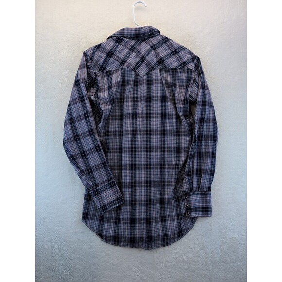 VTG H Bar C 14.5-33 Ranchwear Long Tail Pearl Snap Blue Plaid Shirt Western 70s - Picture 5 of 14